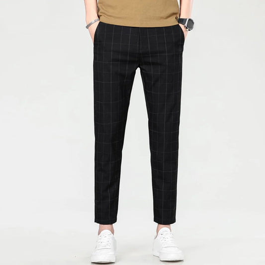 Men Pants Stylish Men's Plaid Print Slim Fit Ninth Pants