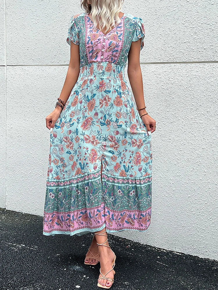 JIM & NORA Vintage Floral Boho Printed Vestidos Women Short Sleeves V Neck Slit Midi Dresses A Line Bohemian Summer Beach Dress