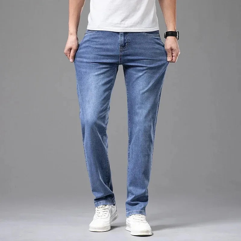 Summer Elastic Men's Jeans Fashion Gray Comfortable Business Straight Stretch Cotton Casual Denim Pants Brand Male Thin Trousers