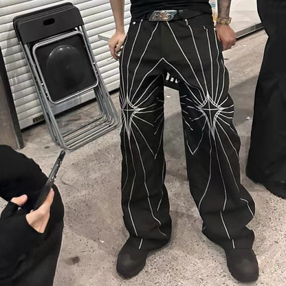 Black Jeans for Men and Straight Rope Hombre Baggy Denim Trousers