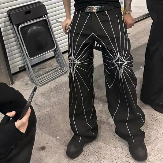 Black Jeans for Men and Straight Rope Hombre Baggy Denim Trousers