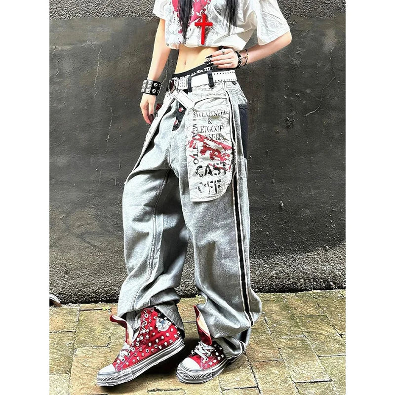 Women's Grey Gothic Y2k Oversize Jeans Harajuku Vintage Baggy Denim Trouser Japanese 2000s Style Boyfriend Jeans Pants Summer