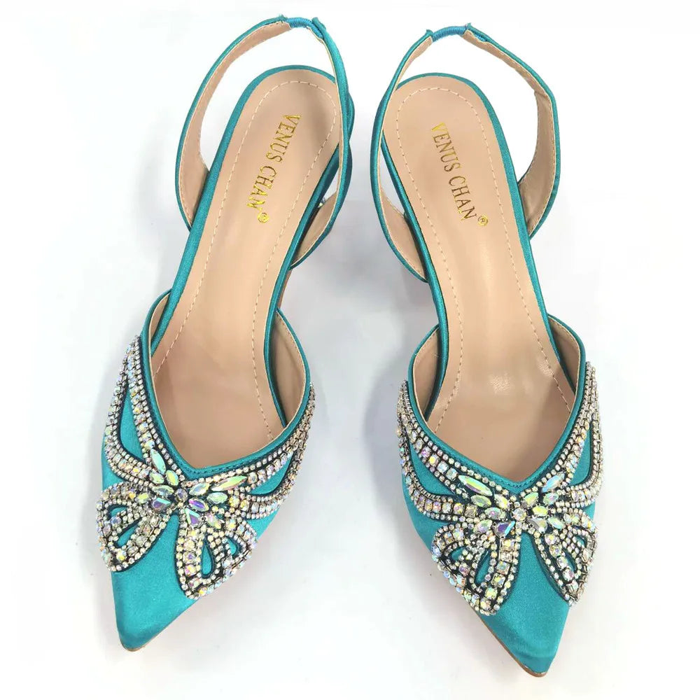 Elegant Green Bling Bow Pointed Toe Pumps for Women and Bags