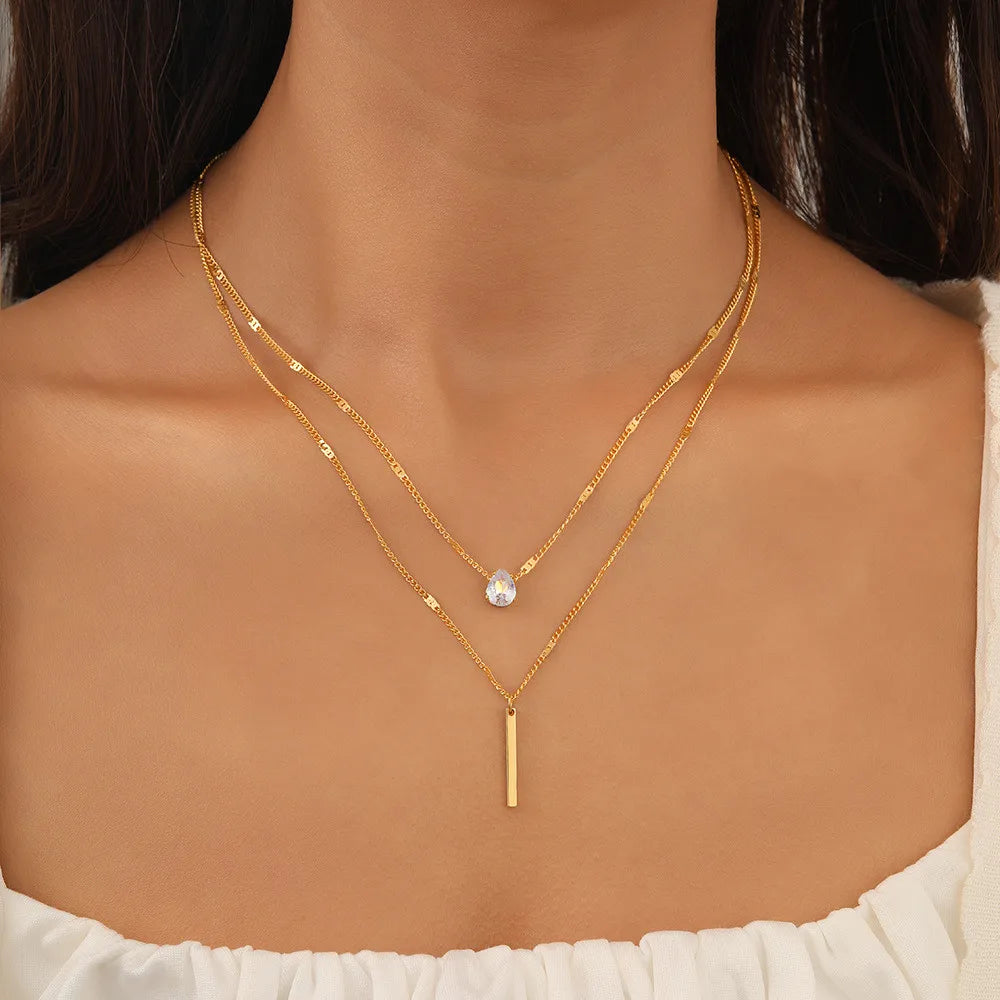 Vintage Layered Metal Bar Pendant Necklace for Women