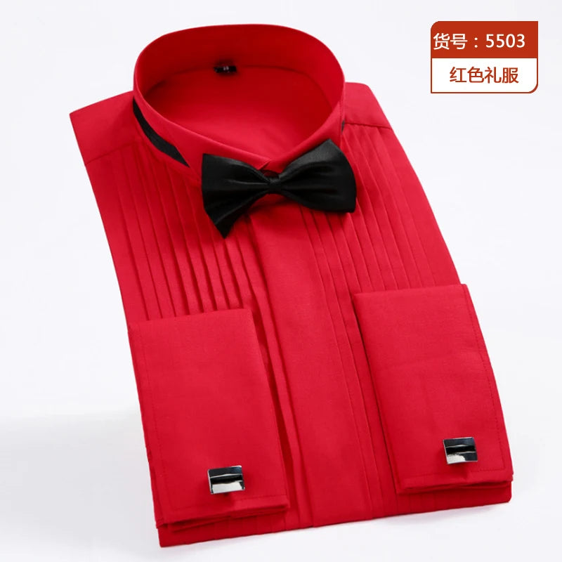 New dovetail stand collar wedding dress men's long sleeve shirt French buckle event performance solid color shirt send bow tie