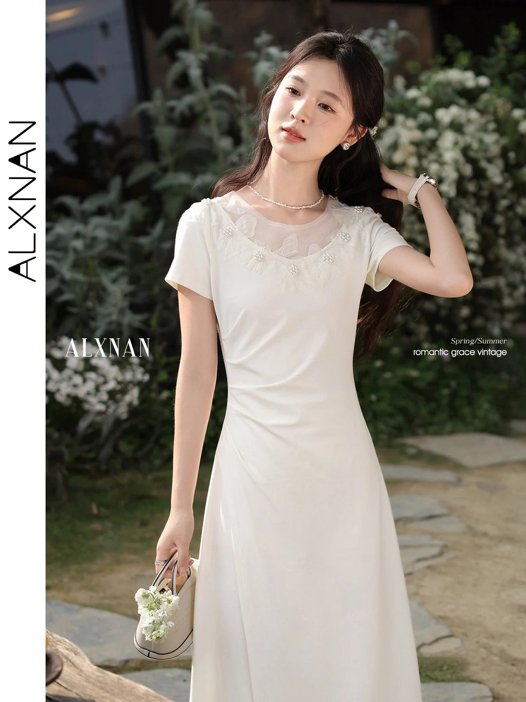 ALXNAN Women's Dress Long Elegant Holiday Party Dress 2025 Summer Pearl Beaded Lace Patchwork Design Chic Casual Clothing L55219