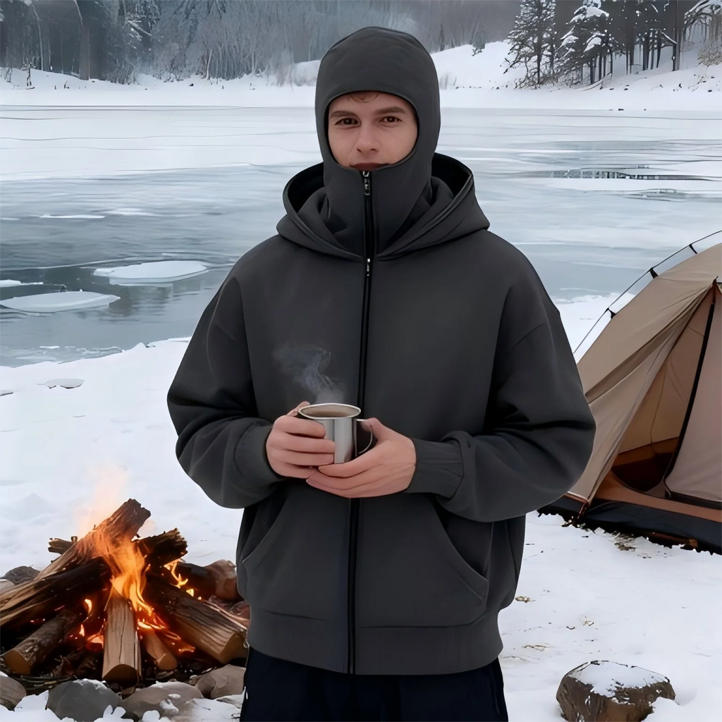 Unisex Double Hooded Fleece Sweatshirt Woman Balaclava Hoodie Half Zip Warm Outfit for Fall Winter Men Clothing Masked Outfit