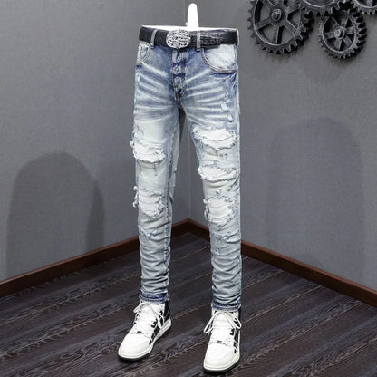 Men Jeans Retro Blue Stretch Skinny Fit Hole Ripped Jeans Men
