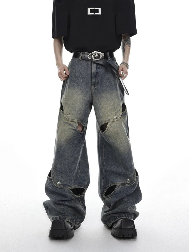 Wide Leg Jeans Pants Men Streetwear Baggy Distressed Denim Trousers