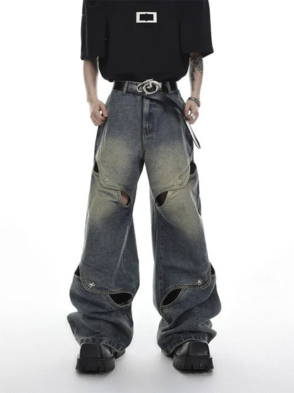 Wide Leg Jeans Pants Men Streetwear Baggy Distressed Denim Trousers