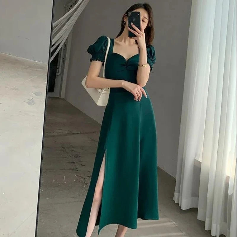Solid Puff Short-Sleeved Elegant Slit Dress New Fashion Women V-neck Full Dresses Ladies High Waist Slim Evening Party Vestidos