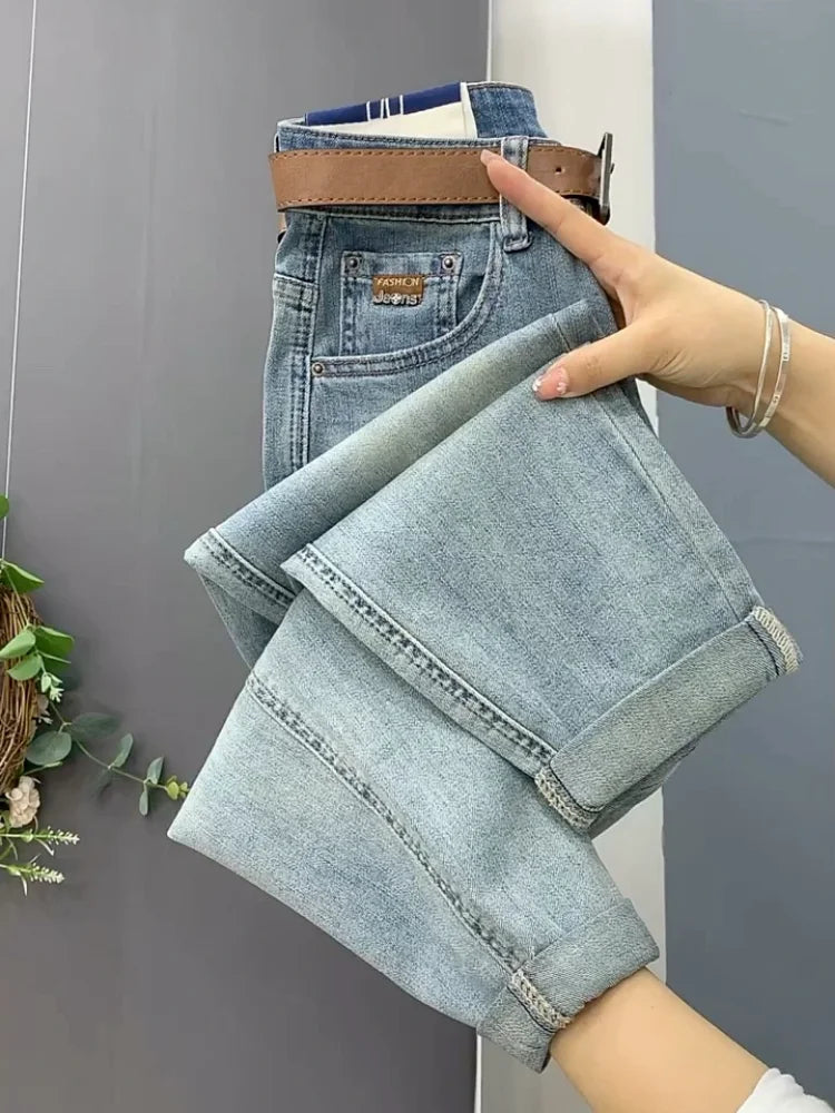 2023 NEW Spring Autumn High Waist Straight Jeans Loose Fit Stretch Haren Denim Pants Ladies Ankle-Length Jeans Pants