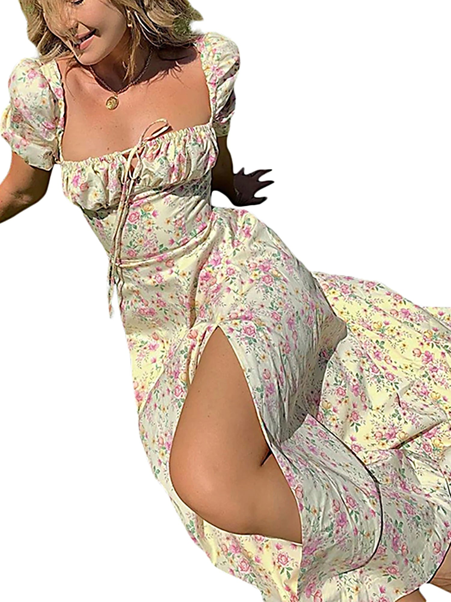 Elegant Women s Maxi Dress with Puff Sleeves