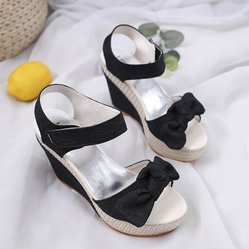 Brand New Ladies Platform Denim Sandals Fashion Bow Mixed Colors Wedges High Heels Women's Sandals Casual Party Woman Shoes