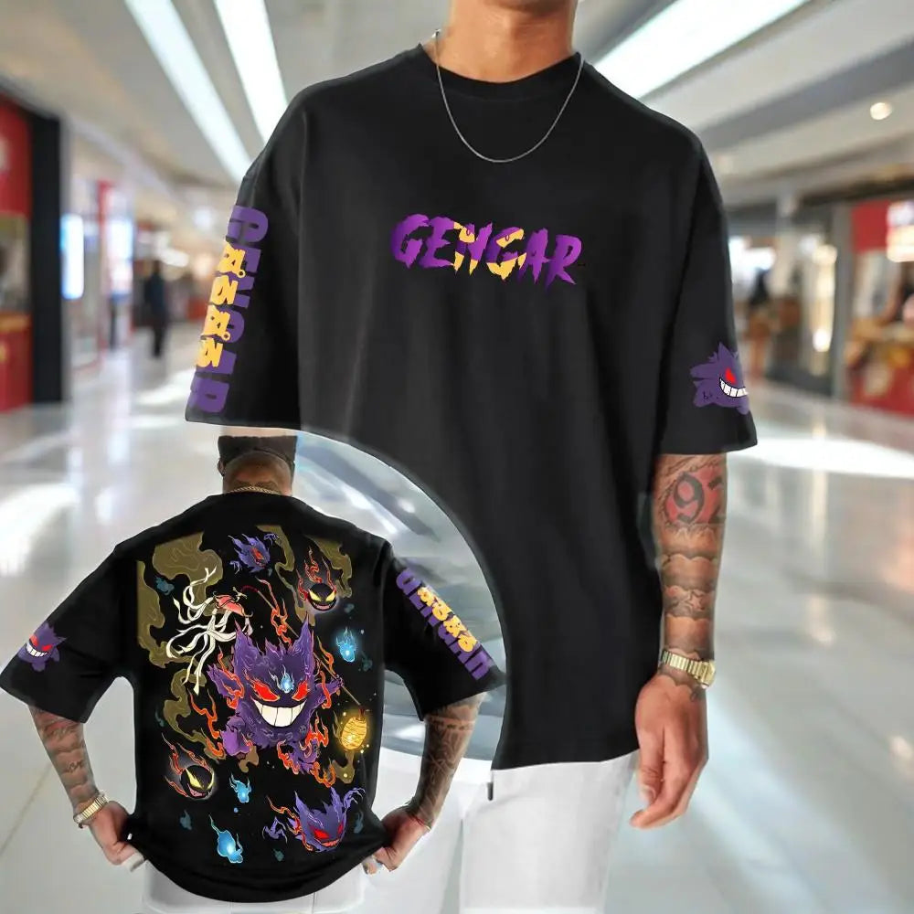 Pokémon Animation Derivatives Gengar Printing T-shirt Men's and Women's Summer Oversize Loose Cotton Street Trend Brand Top