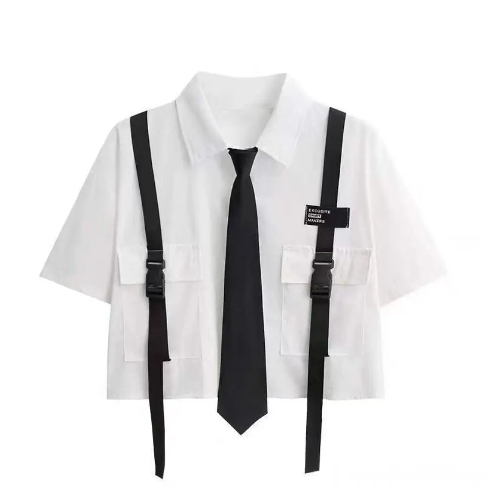 Cargo Pants with Chain 2 Piece Sets White Black Harajuku Shirt