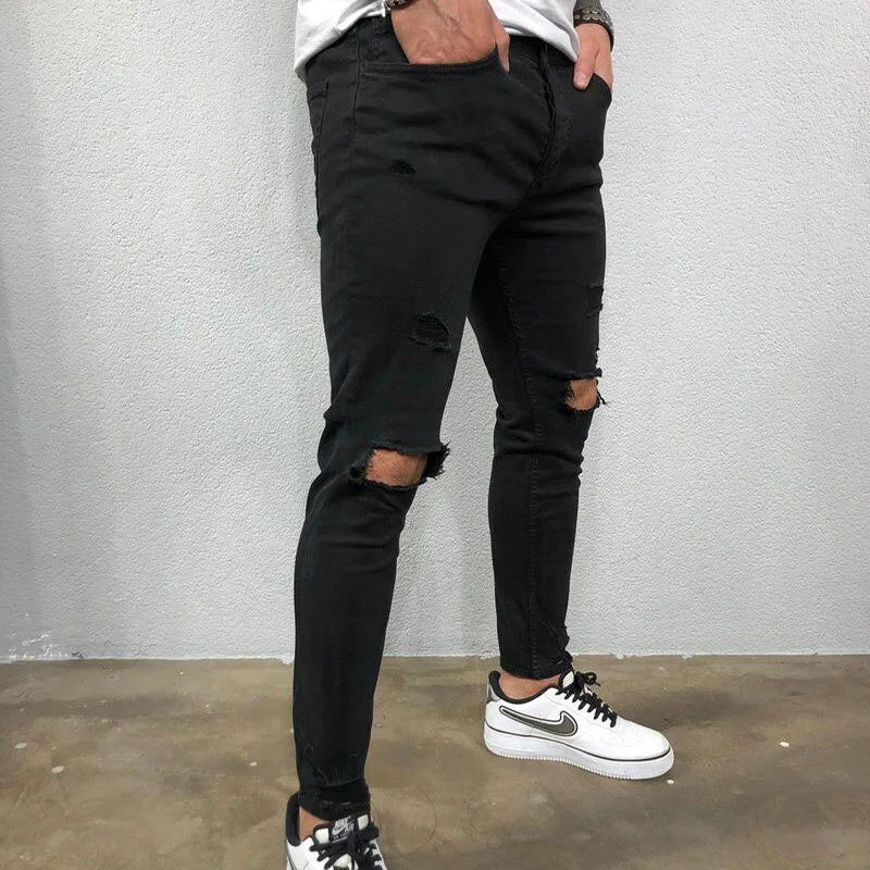 Men Jeans Knee Hole Skinny Jeans Stretch Cotton Solid Color Pants