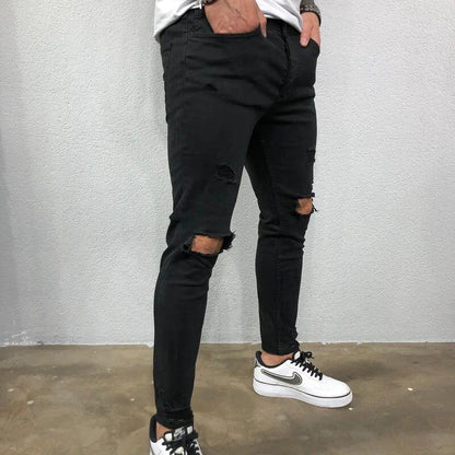 Men Jeans Knee Hole Skinny Jeans Stretch Cotton Solid Color Pants