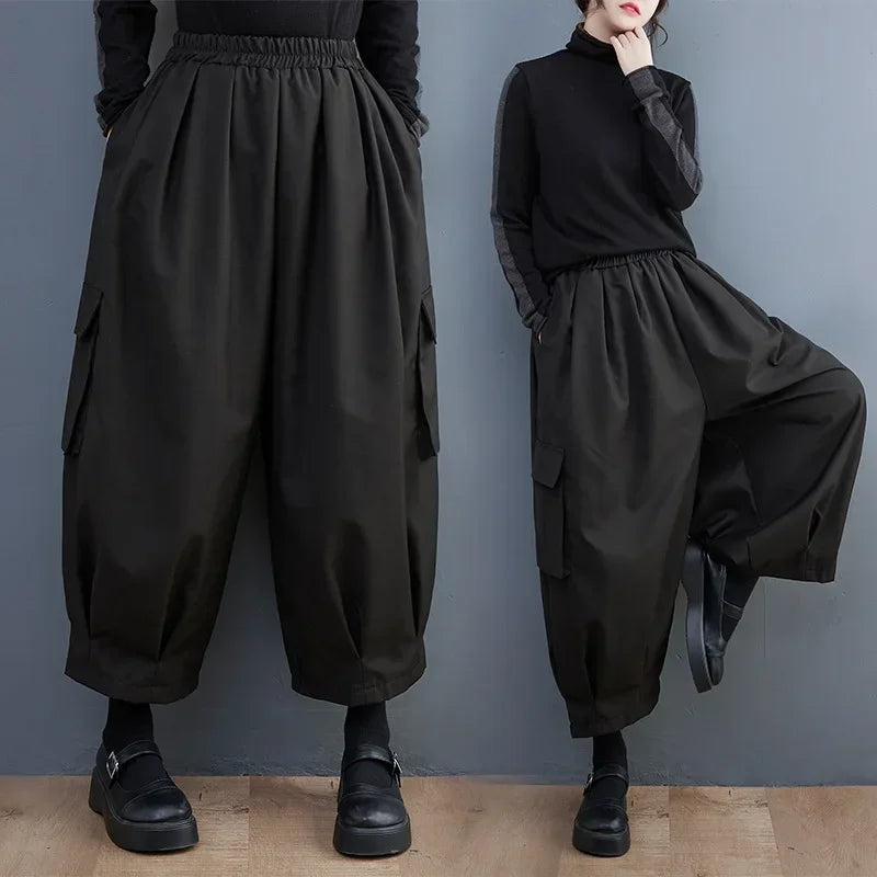 Black Vintage High Elastic Waist Oversized Cargo Pants