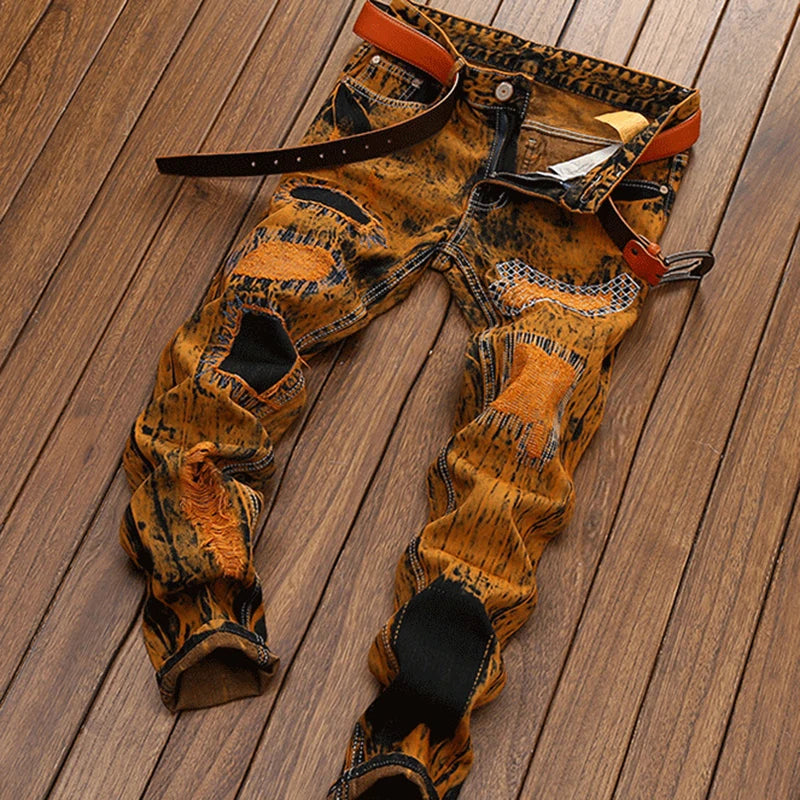 Denim Hole Jeans Personality Old Style Straight Design High Quality Men's pants