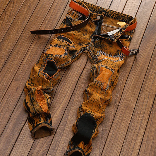 Denim Hole Jeans Personality Old Style Straight Design High Quality Men's pants