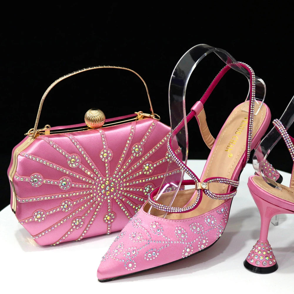 Ladies High Heels And Bags In Same Color Shiny Material for Wedding Party