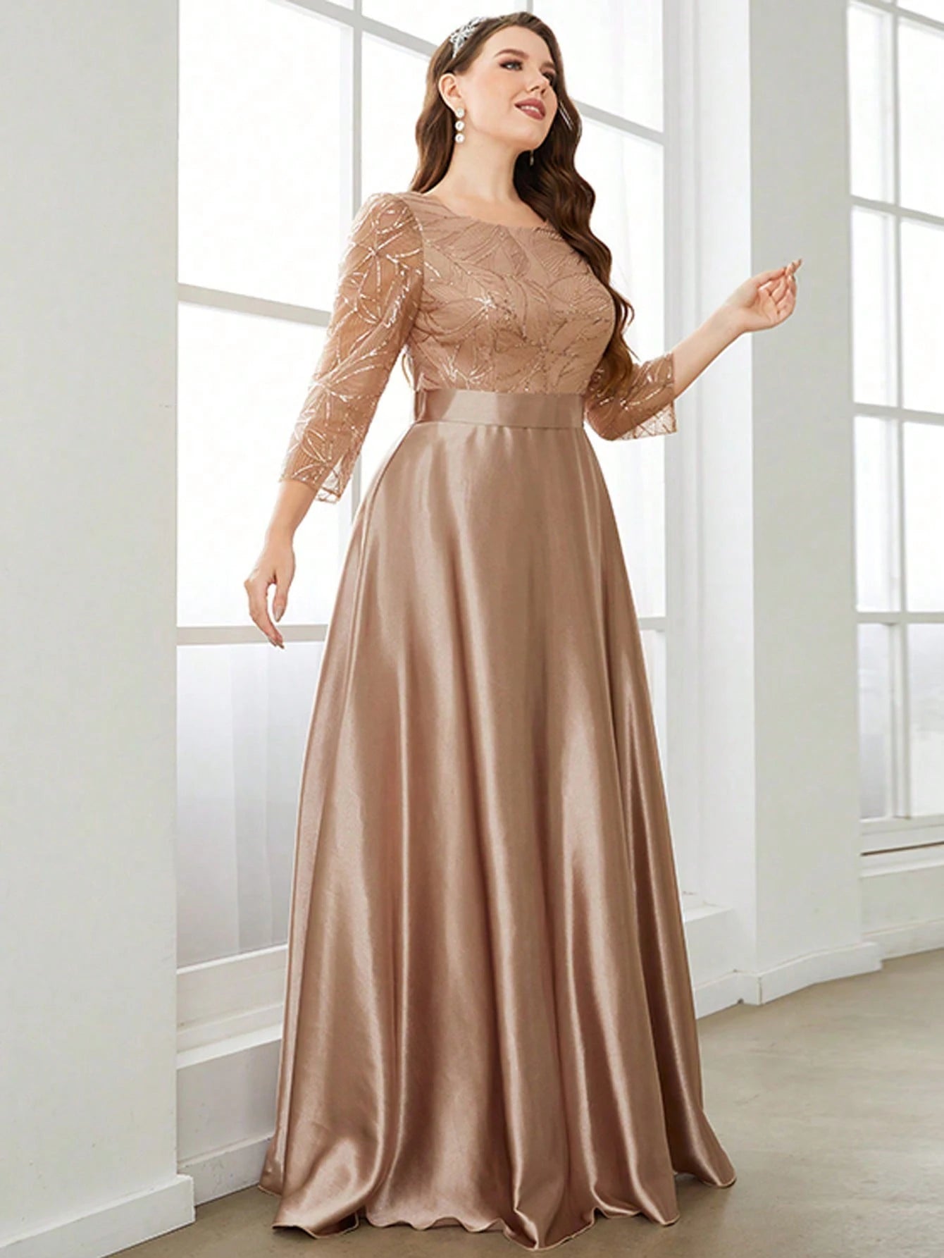 Crew neck long sleeve sequin patchwork satin long gown ball dress