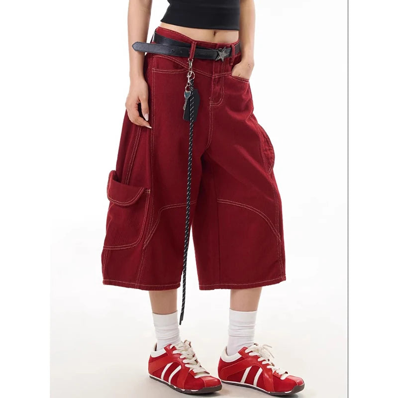 ZHIZOU American Black Jeans for Women High Waisted Wide Leg Baggy Cargo Denim Shorts 2000s Y2k Vintage Streetwear Short Jeans