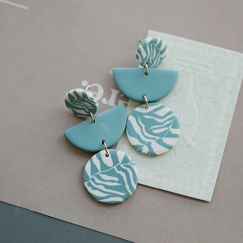 Floral Leaf Zebra Pattern Dangle Pendant Clay Earrings