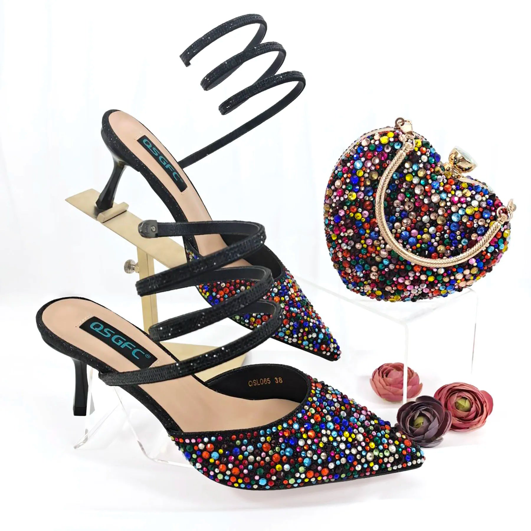 Shoes And Bag Full Diamond Women's Pointed Toe High Heels