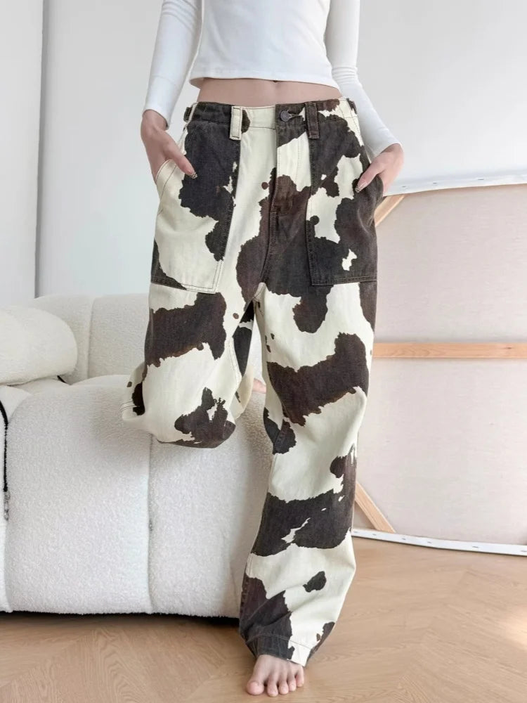 2024 Ropa Y2K Fashion Cow Pattern Baggy New Jeans Pants For Women Designer Clothes Straight Cotton Korean Casual Lady Trousers