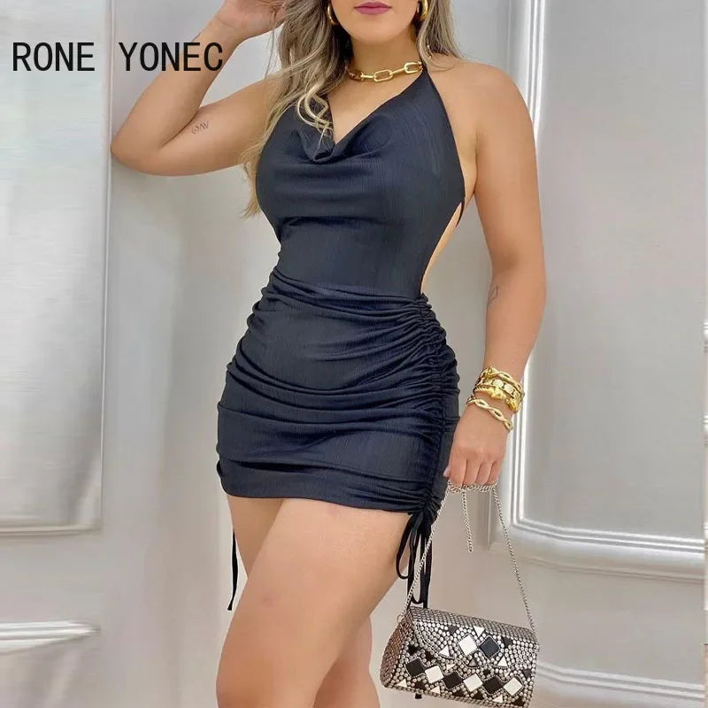 Solid Sexy Halter Swinging Collar Backless Lace Up Shirring Mini Party  Dresses