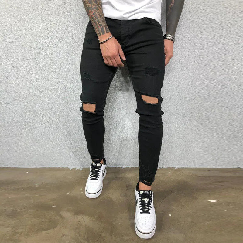 Men Jeans Knee Hole Skinny Jeans Stretch Cotton Solid Color Pants