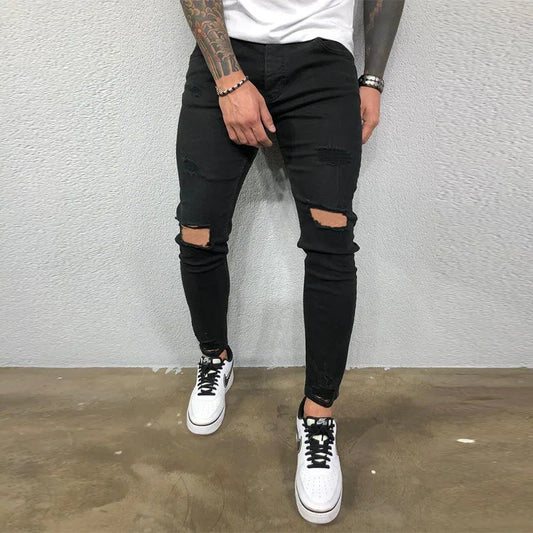 Men Jeans Knee Hole Skinny Jeans Stretch Cotton Solid Color Pants