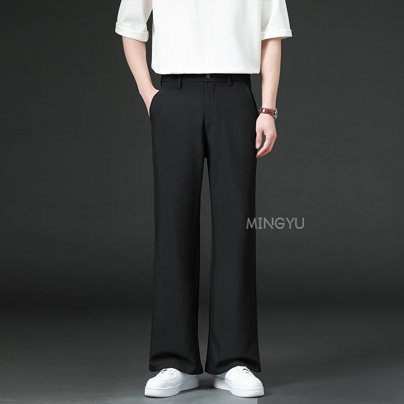 Brand Clothing Summer Smooth Flare Pants Men Business Elastic Waist Suit Flared Trousers Male Korean Work Office Plus Size S-4XL
