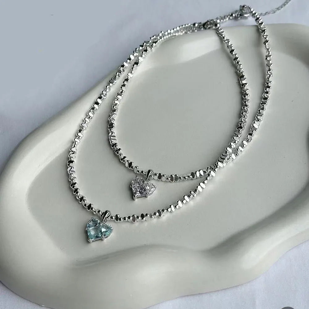 Irregular Beads Chain With Crystal Heart Pendant Necklace for Wome