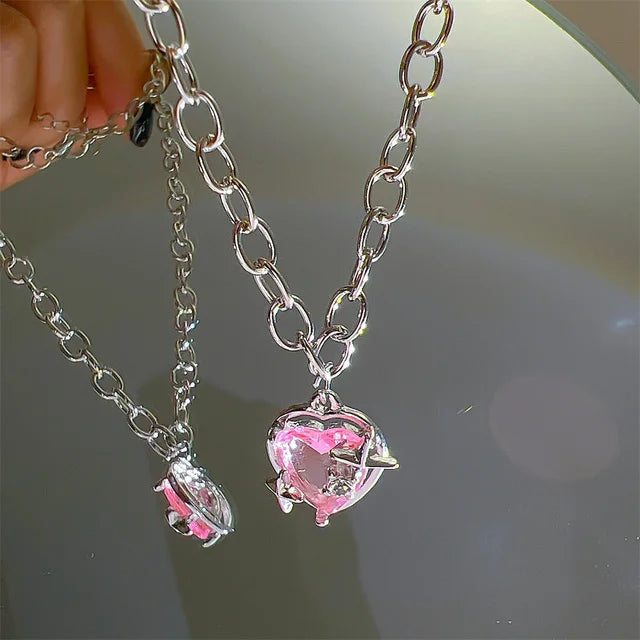Y2K Pink Planet Heart Zircon Pendant Necklaces For Women