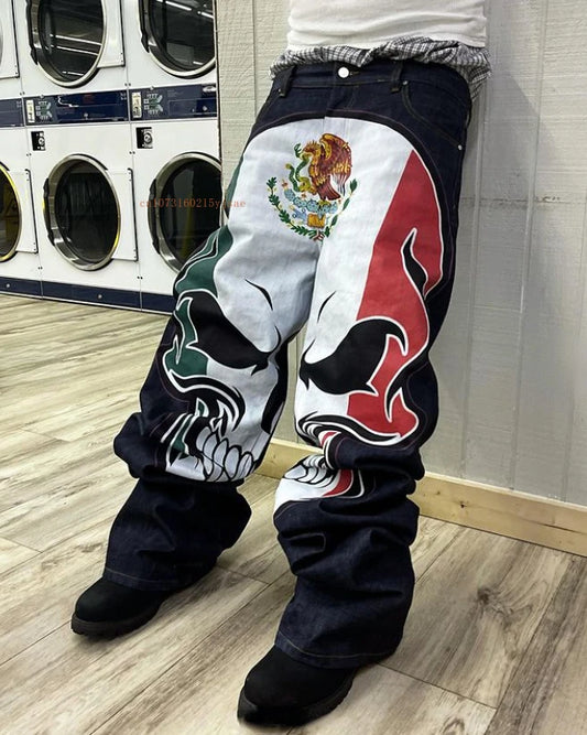 Tide Y2k Jeans Men Women Skull Elements Personalized Straight Pants