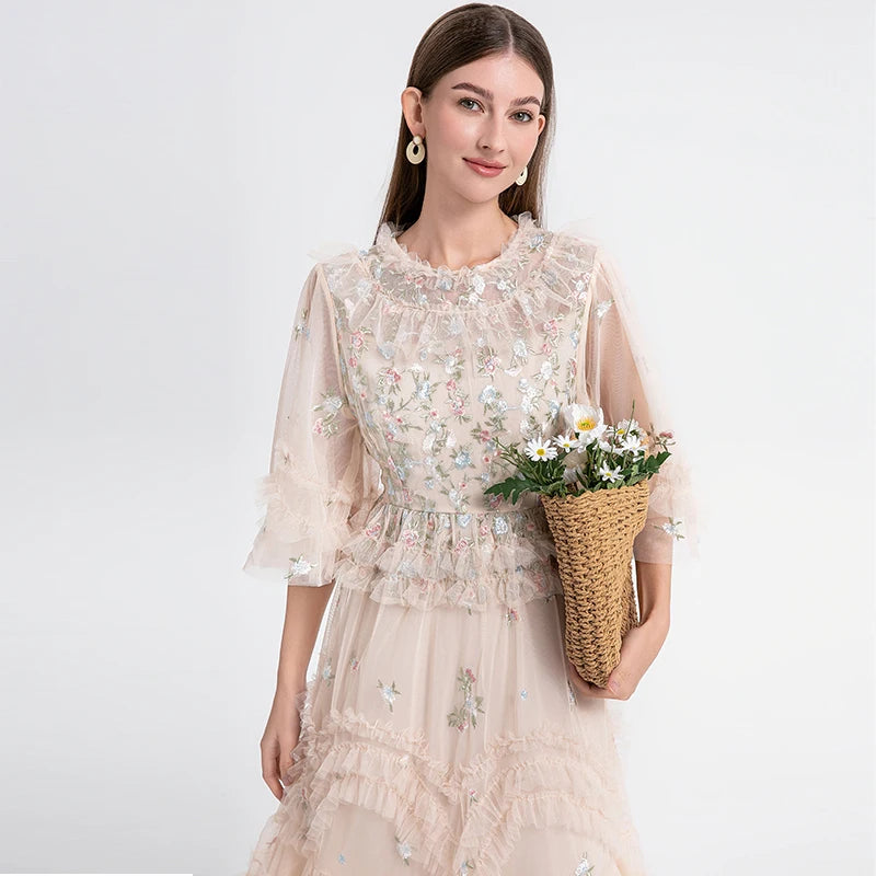 Summer Holiday Embroidery Flower Ruffles Midi Party Evening Dress