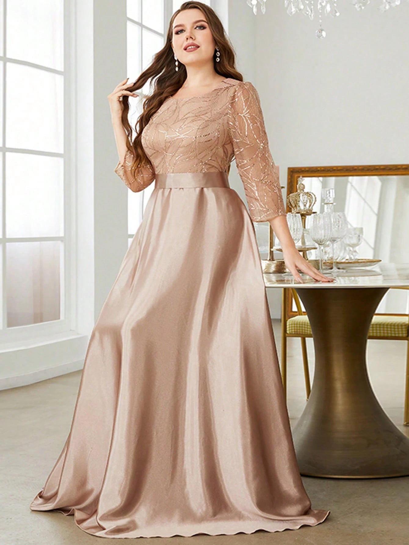 Crew neck long sleeve sequin patchwork satin long gown ball dress