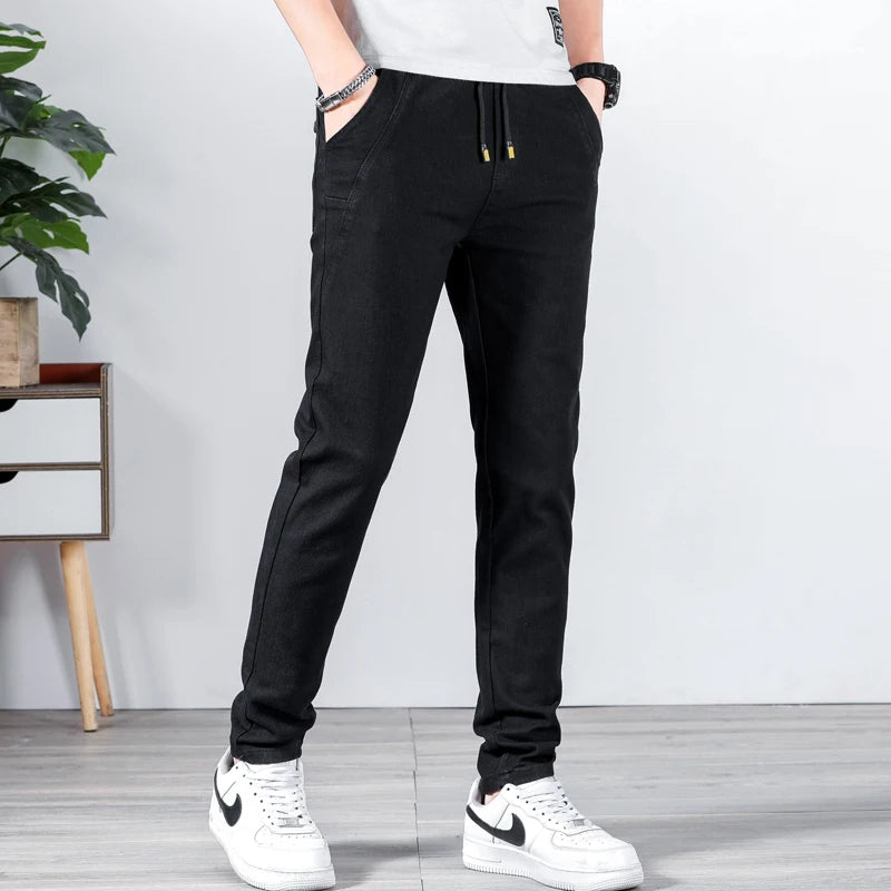 Spring Summer Men Casual Pants Elastic Waist Design Straight Slim Trousers Korean Trendy Stretch Male Pants Brand Clothing