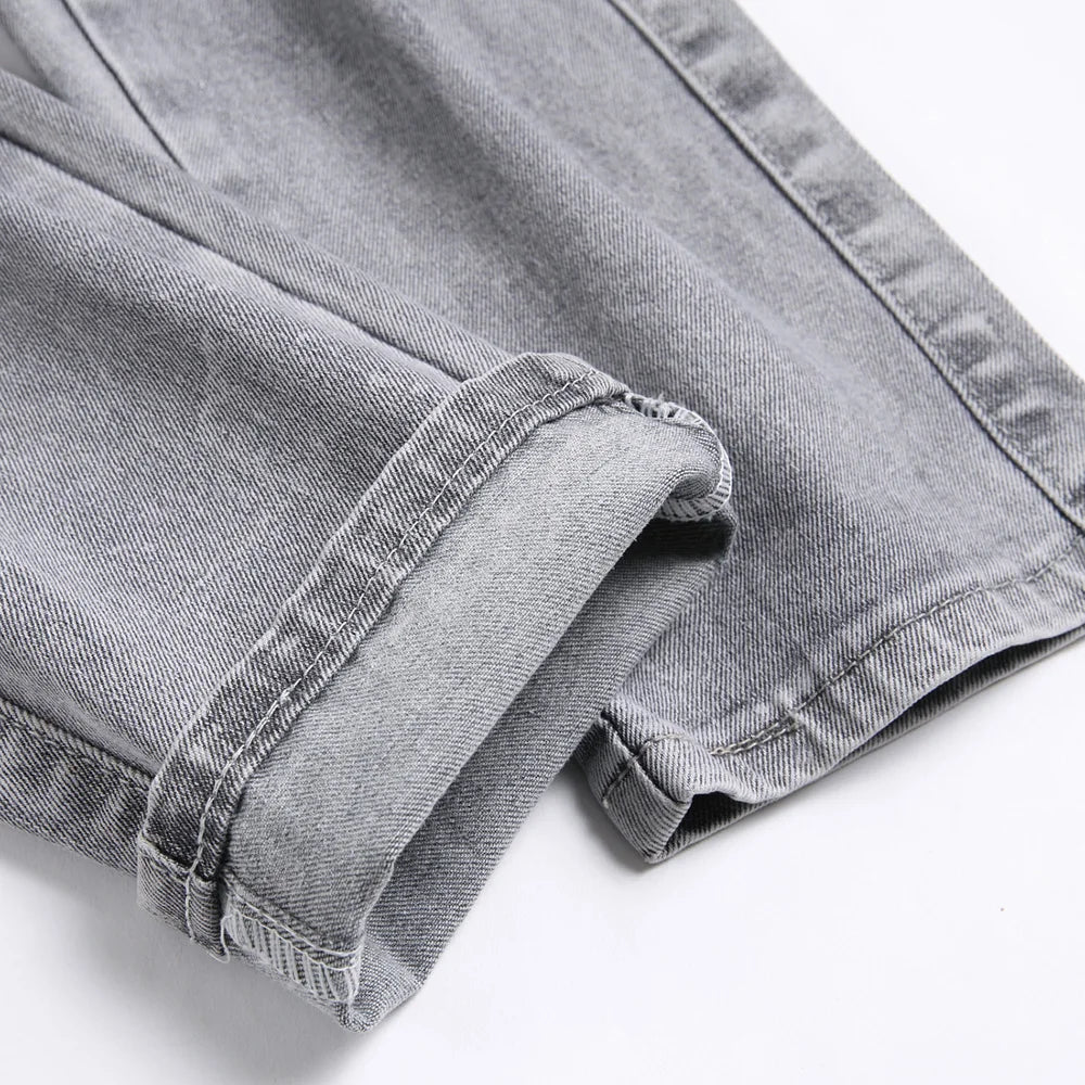 Men Snake Embroidery Gray Denim Jeans Holes Ripped Stretch Pants
