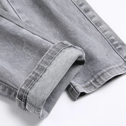 Men Snake Embroidery Gray Denim Jeans Holes Ripped Stretch Pants