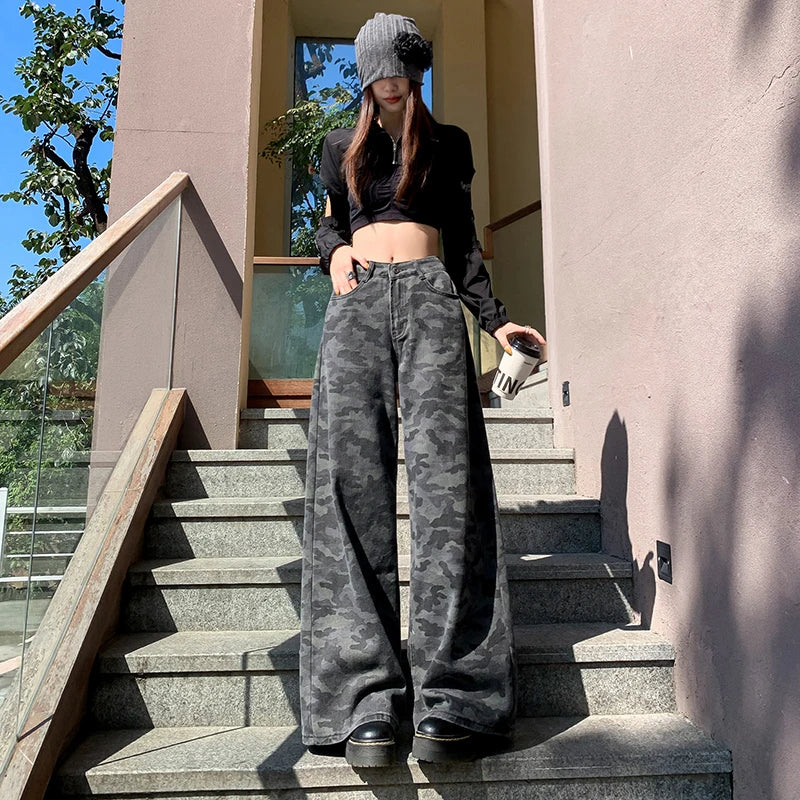 Women Pants High Waist Women's Overalls High-waist Jeans 2000s Clothes Y2k Shorts Contrast Color Gothic Style Wide Legs Jorts