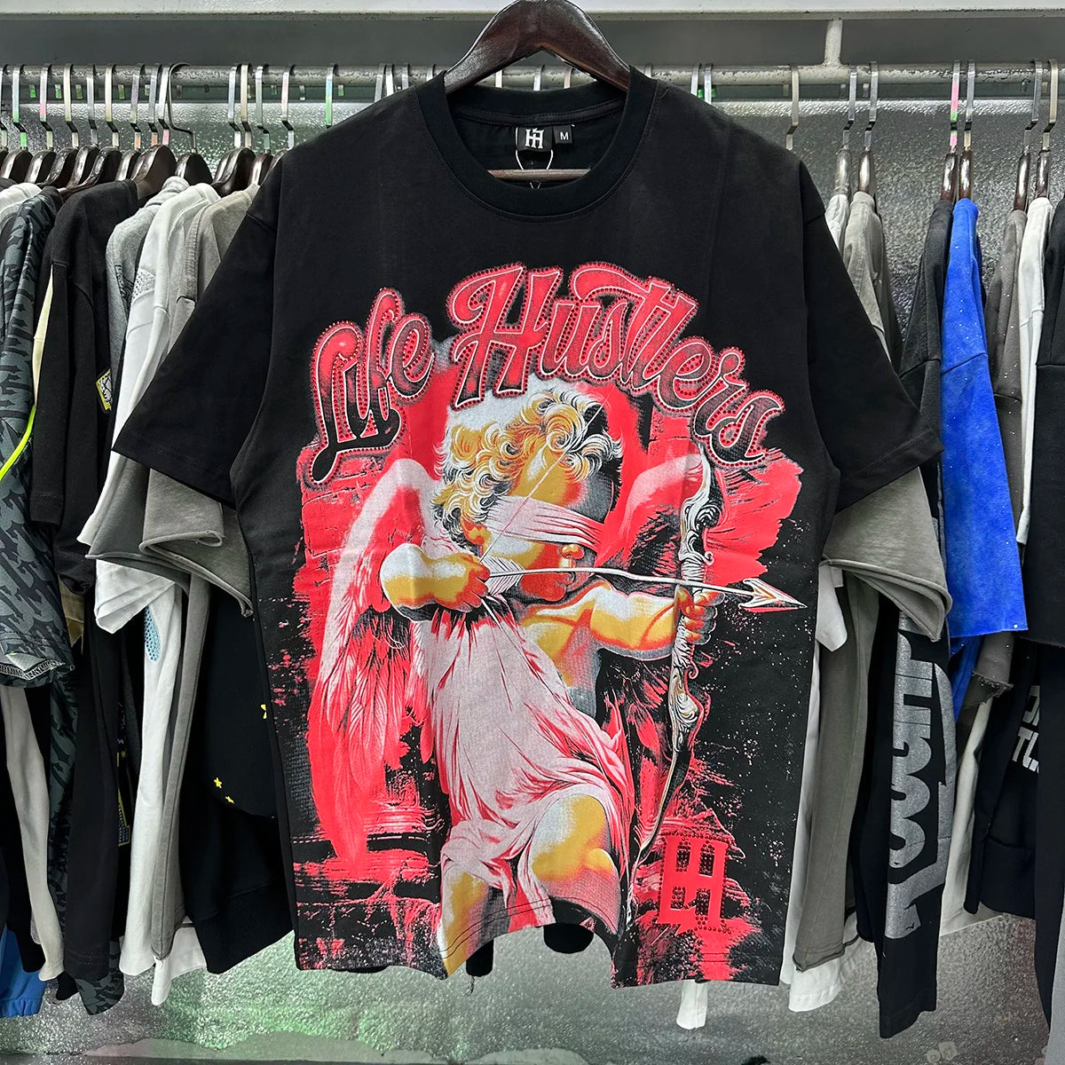 Masked Angel Shooting Arrows Diamond Cotton Short Sleeve Tshirts for Men and Women Crew Neck Loose Summer T-shirt Oversized Tees