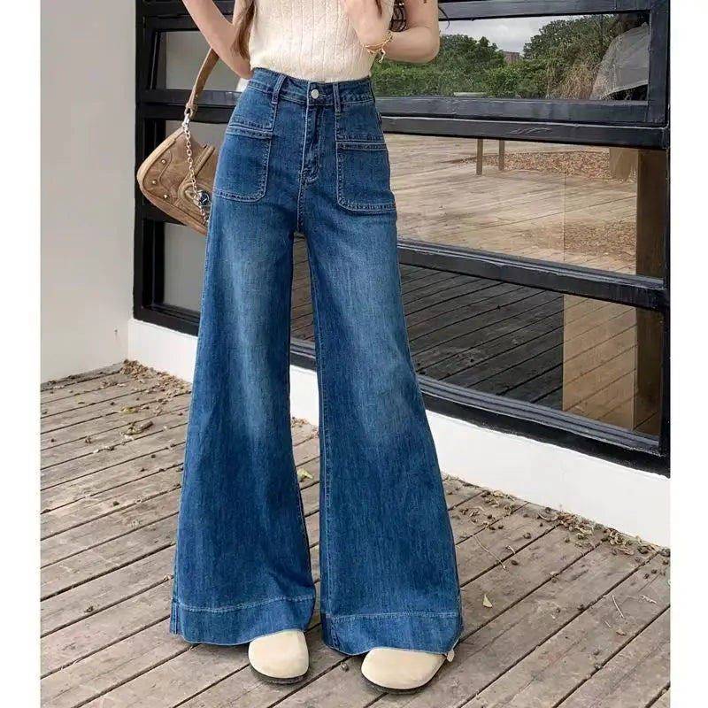 Autumn Spring Wide Leg Jeans Women Denim Pants Vintage Denim Trousers Fashion Female Bllue Straight Jeans Casual Wide Leg Pants