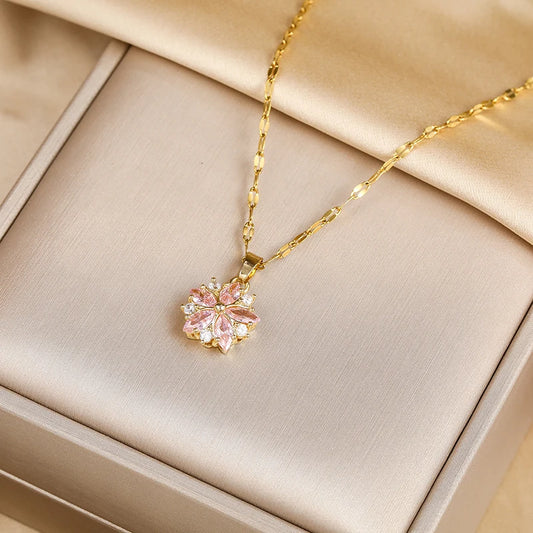 Cute Romantic Pink Sakura Pendant Stainless Steel Necklaces For Women