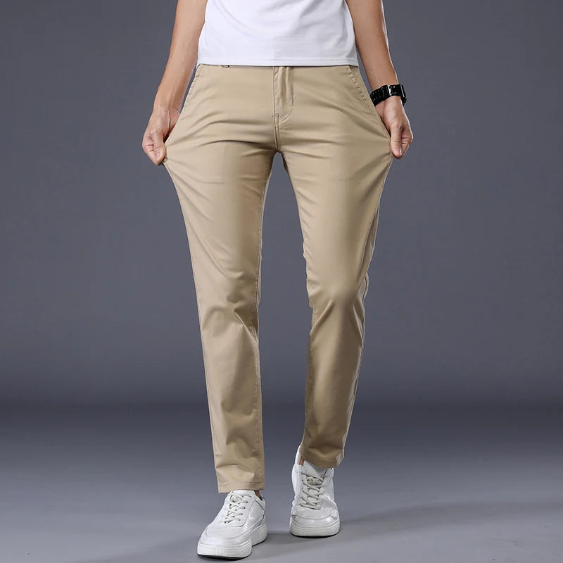 Summer Thin Men's Casual Pants Cotton 7 Colors Classic Style Elastic Straight Slim Fit Business Fashion Long Trousers Male