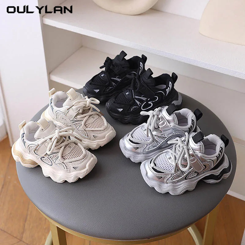Fashion Breathable Mesh Thick-soled Shoes Lace-up Baby Shoes Soft Non-slip Sole Boys Sports Shoes Casual Walking Shoes
