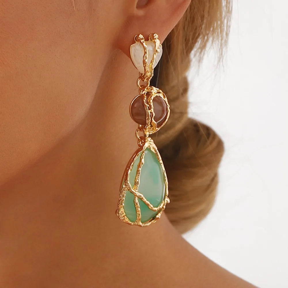 Trendy Geometric Green Stone Resin Dangle Earrings for Women
